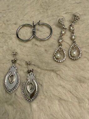 3 Pairs of Silver Hoop and Drop Earrings